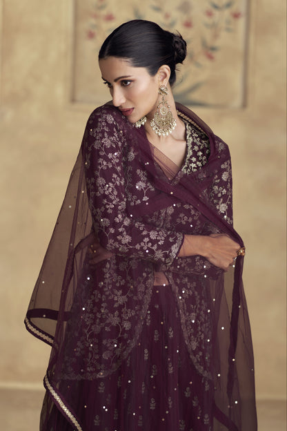 Bridal Anarkali Dress Beautiful Embroidery Worked Wine Long Gown Dupatta Suit