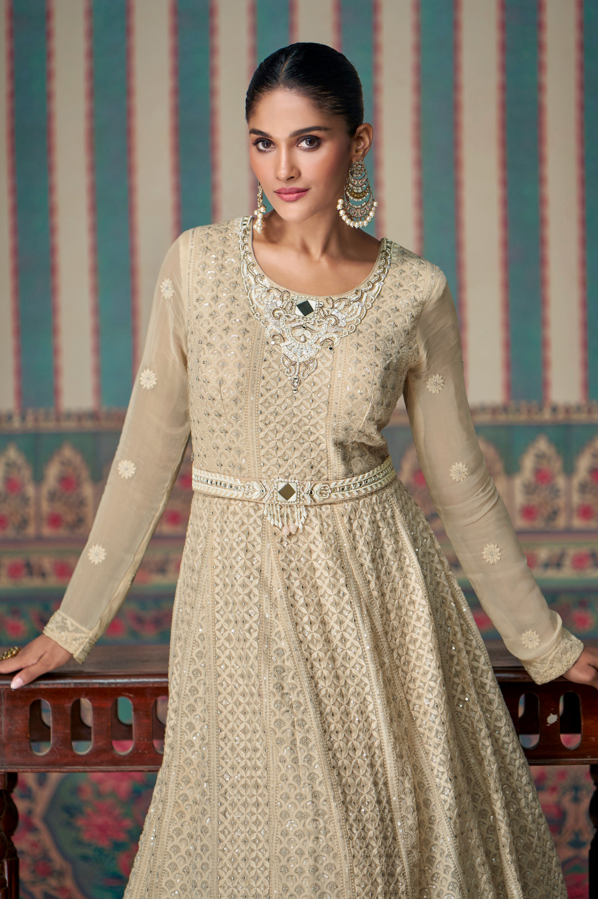 Cream Anarkali Dress With Chikankari Embroidery Work Gown 