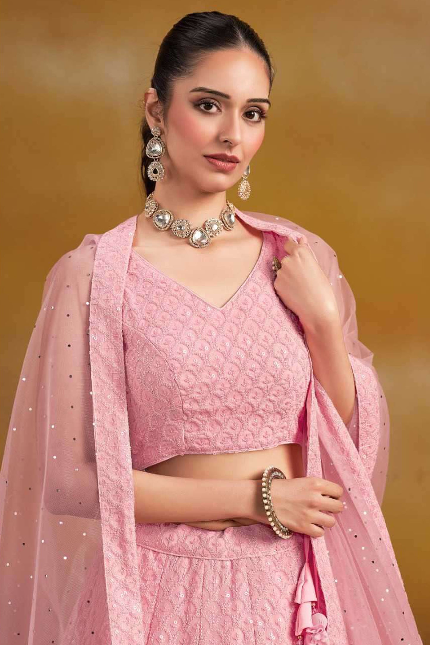 Indian Wedding Lehenga Choli With Net Dupatta - Side View