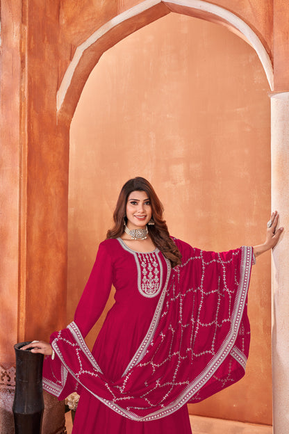 Close-Up Of Sequence Embroidered Work On pink Anarkali Wedding Gown With Traditional Indian craftsmanship