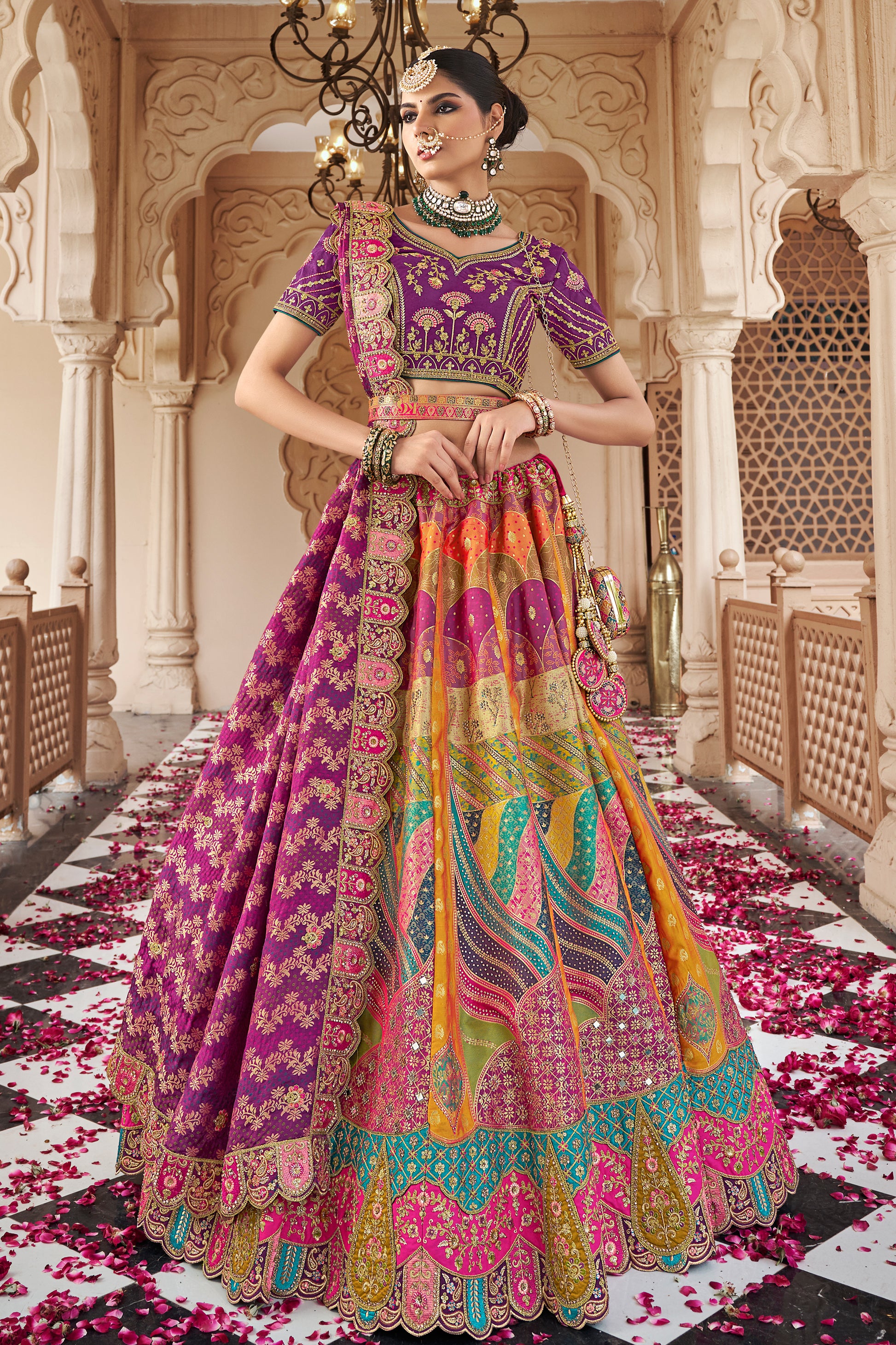 Multicolor Banarasi Silk Lehenga Choli - Designer Indian Bridal Wear for Engagement Wedding USA
