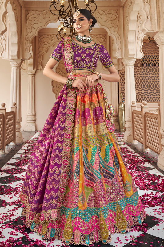 Multicolor Banarasi Silk Lehenga Choli - Designer Indian Bridal Wear for Engagement Wedding USA