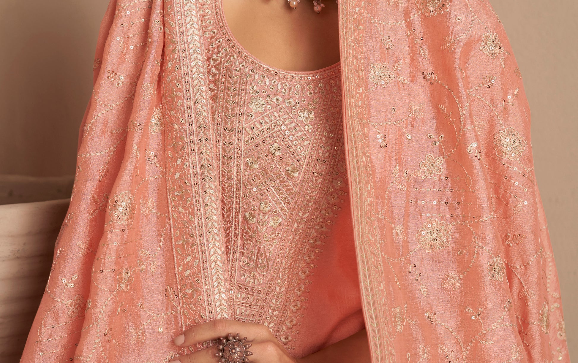 Bridal Look Peach  Embroidery Premium Salwar Kameez For Women