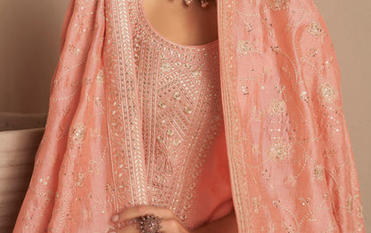 Bridal Look Peach  Embroidery Premium Salwar Kameez For Women