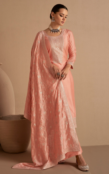 Bridal Look Peach  Embroidery Premium Salwar Kameez For Women
