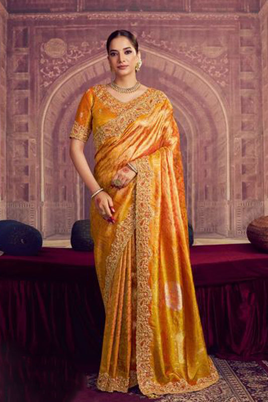 Mustard Yellow Pakistani Wedding Saree With Embroidered Blouse - Ready To Wear Bridal Ethnic Wear
