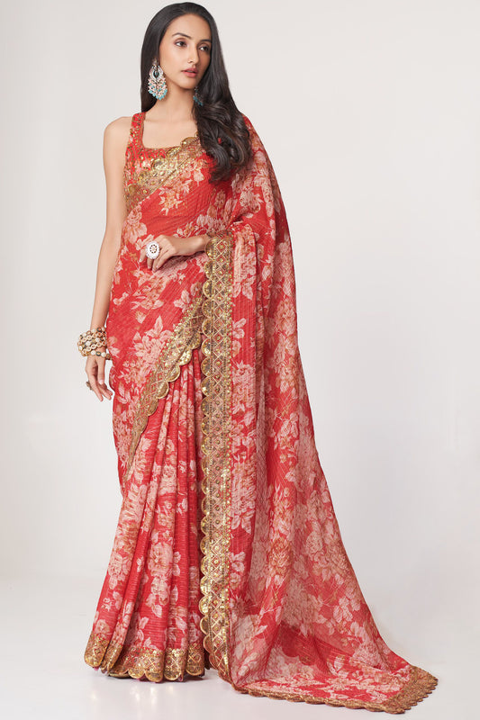 Red Saree speaks tradition and boldness – perfect for weddings and festive nights.
