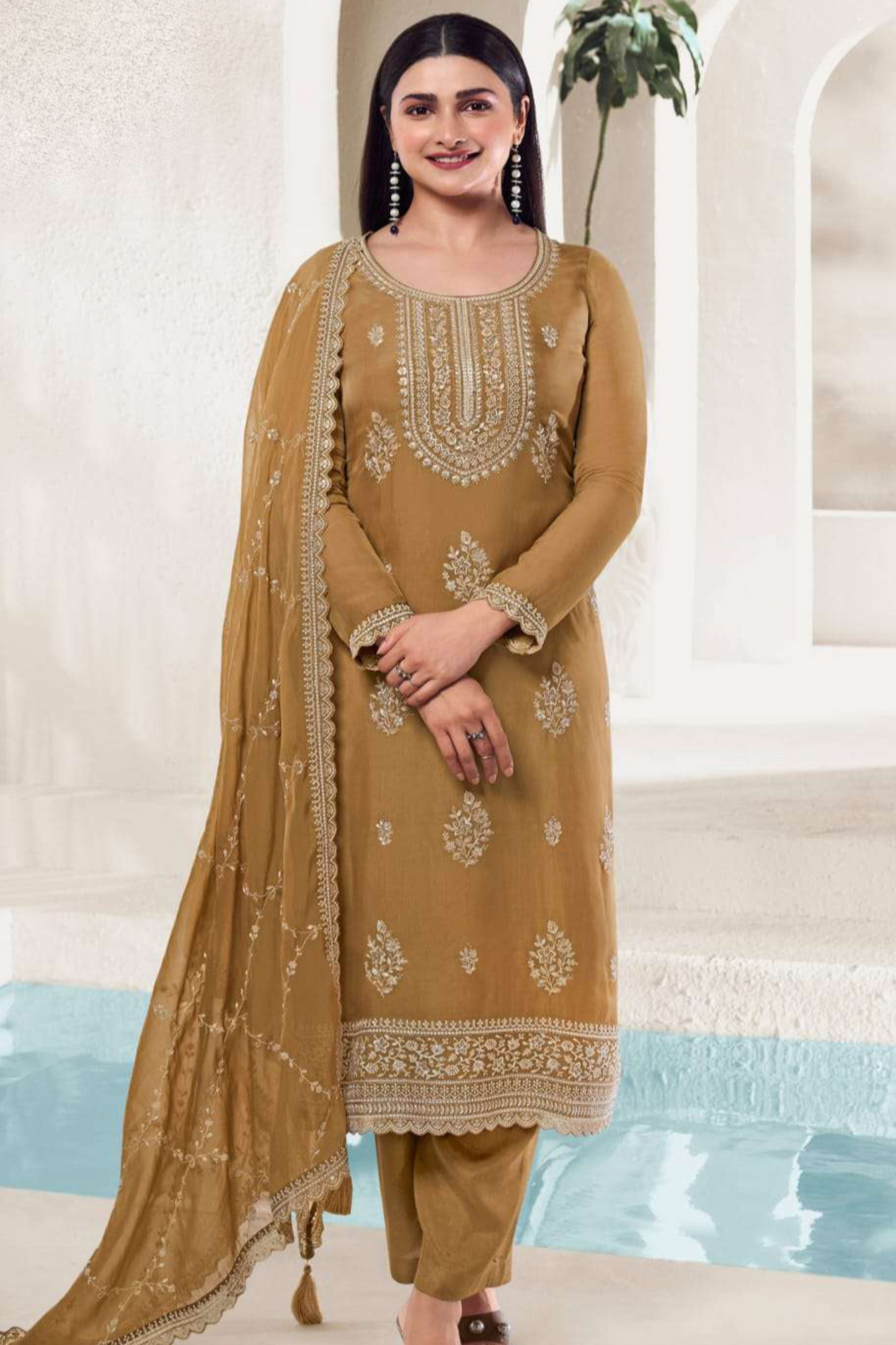 Brown Multi-Thread Embroidery Salwar Kameez Designs Suits