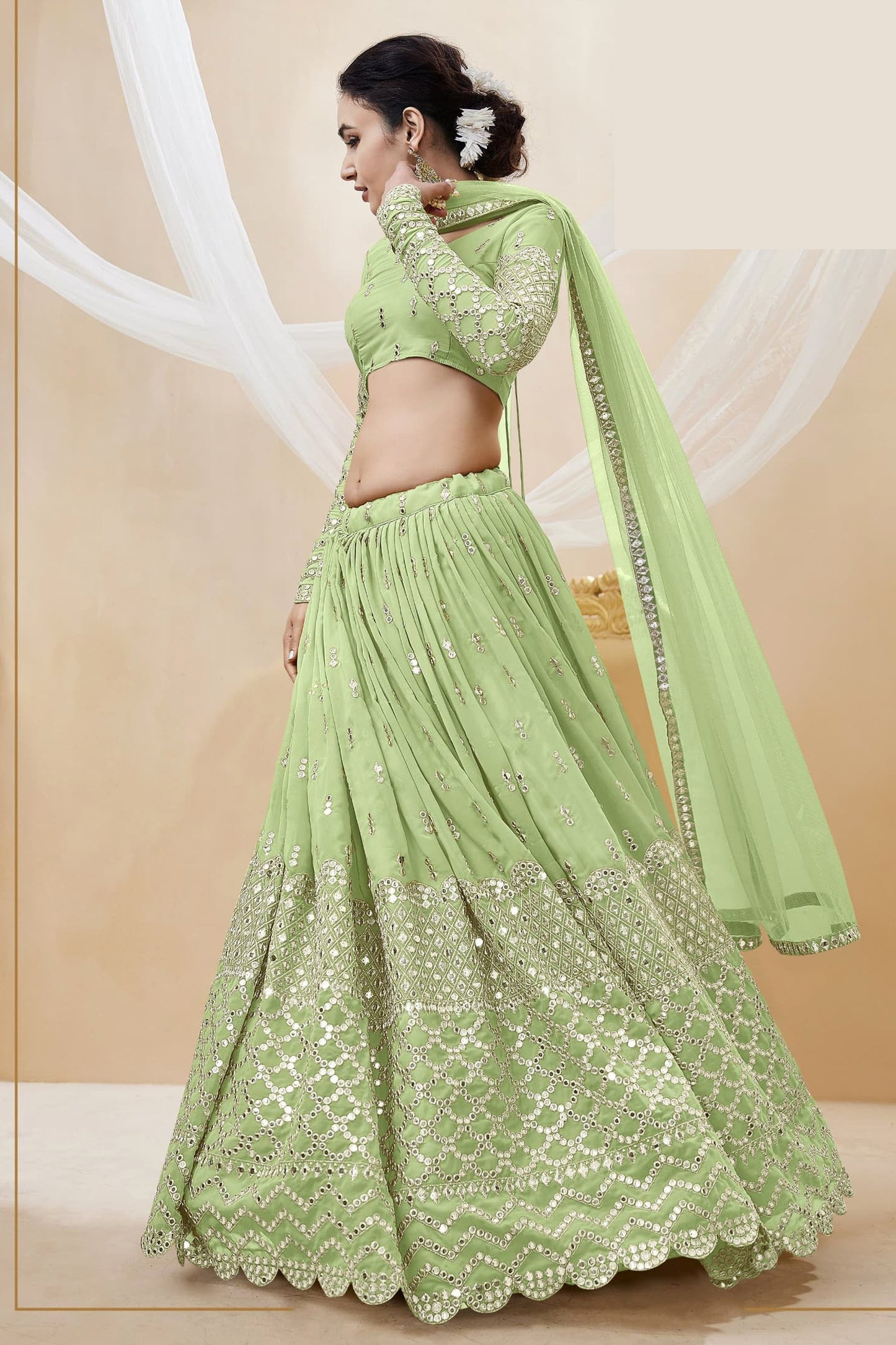 "Stylish lehengas for U.S.-based Indian functions."
