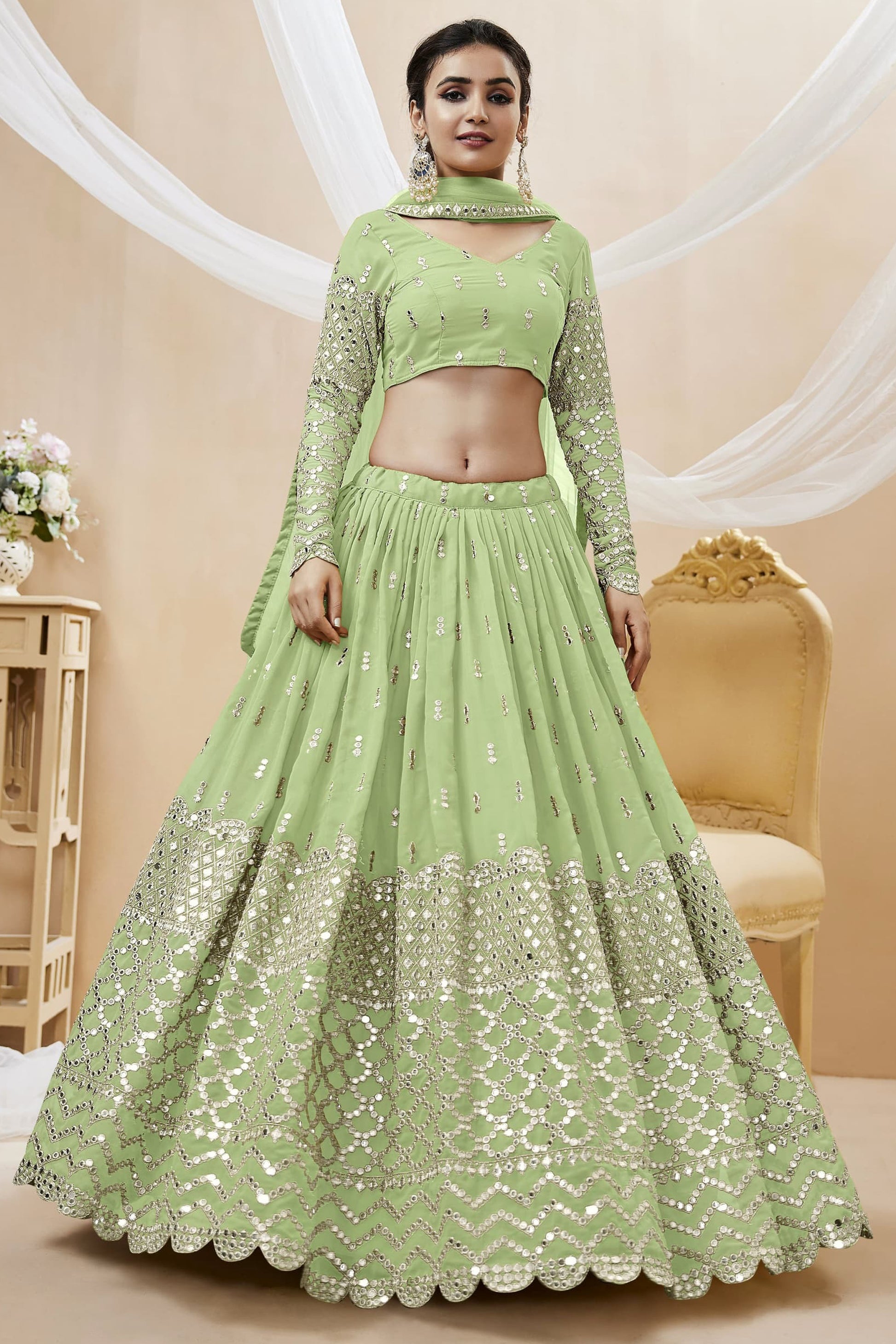 "Stylish lehengas for U.S.-based Indian functions."
