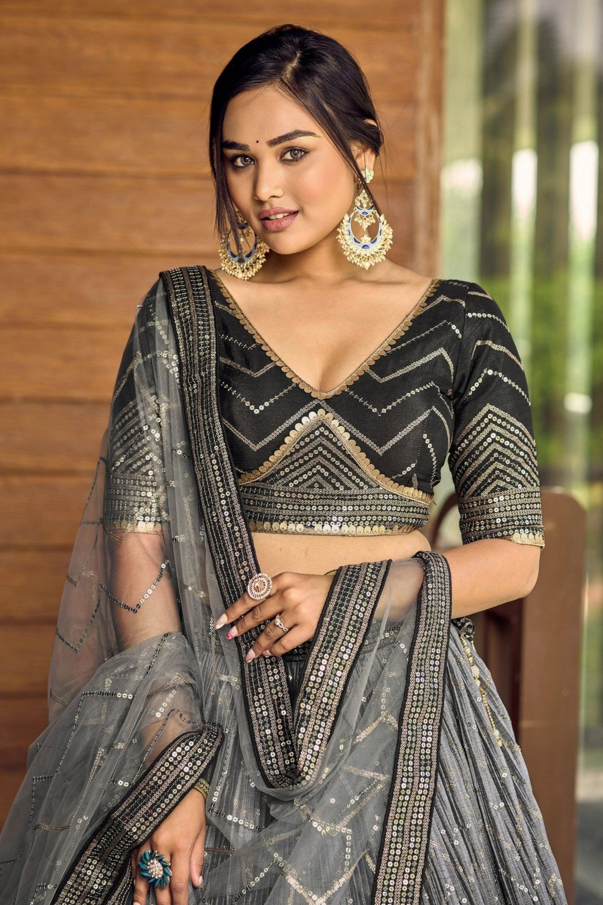 "Navratri-ready lehengas for U.S. garba nights."
