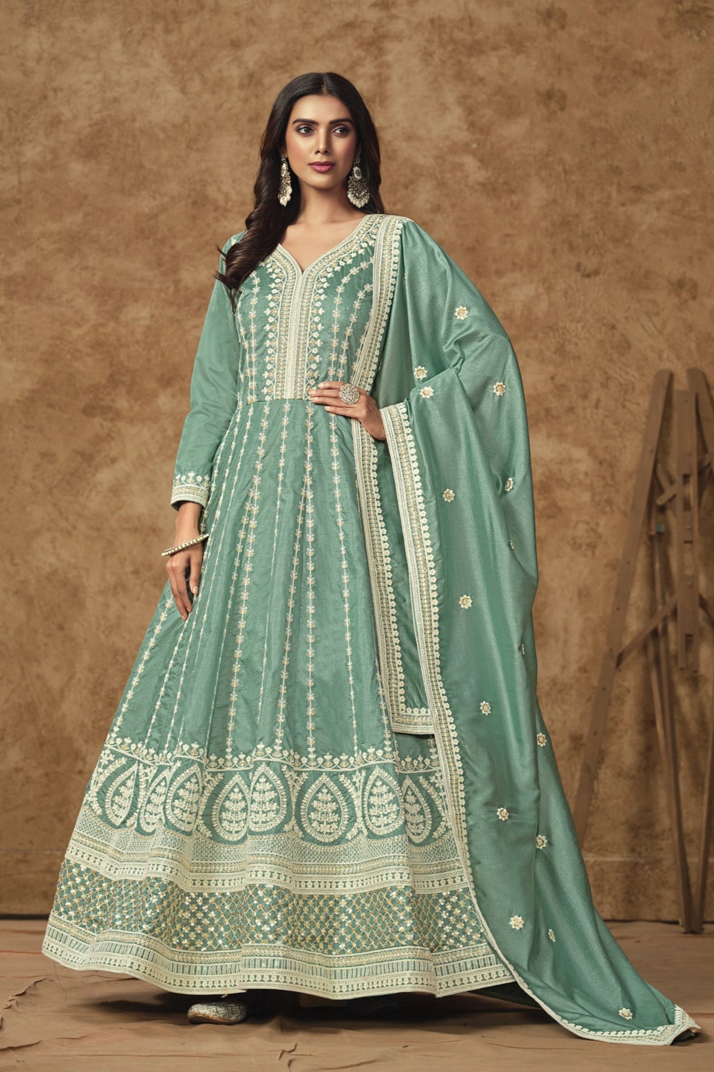 Dusty Green Anarkali Gown Suit With Embroidery Work For USA Customers