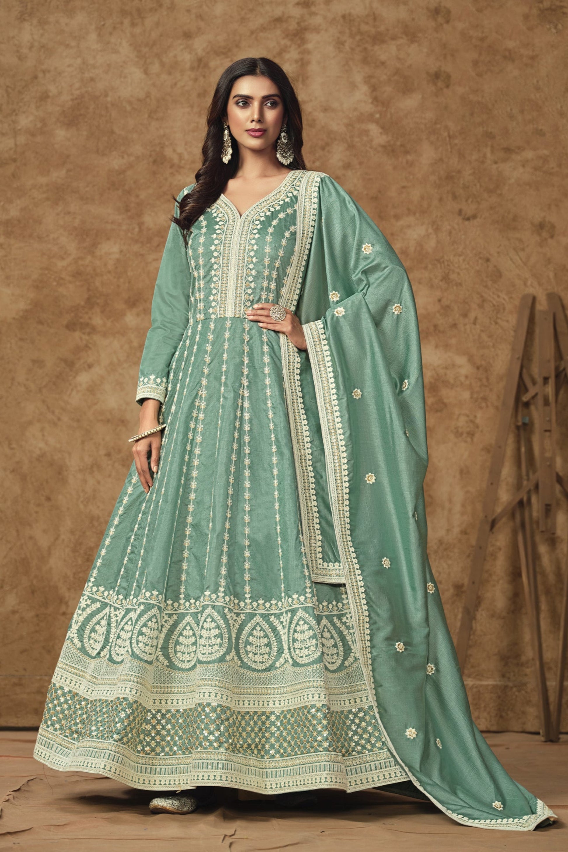 Dusty Green Anarkali Gown Suit With Embroidery Work For USA Customers