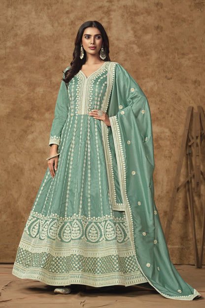 Dusty Green Anarkali Gown Suit With Embroidery Work For USA Customers