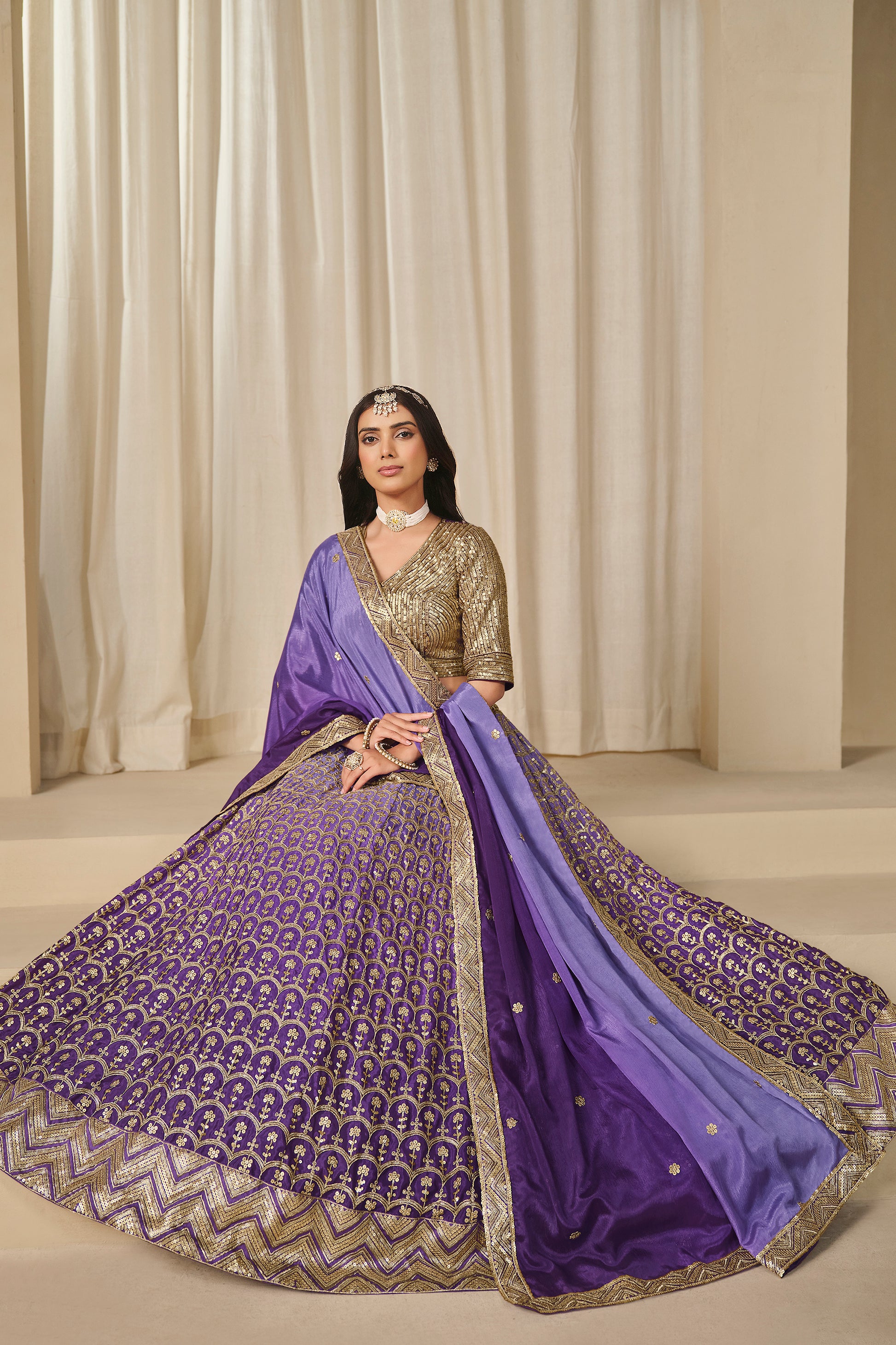 Indian Pakistani Thread & Embroidery Work Chinon Silk Wedding Lehenga Choli
