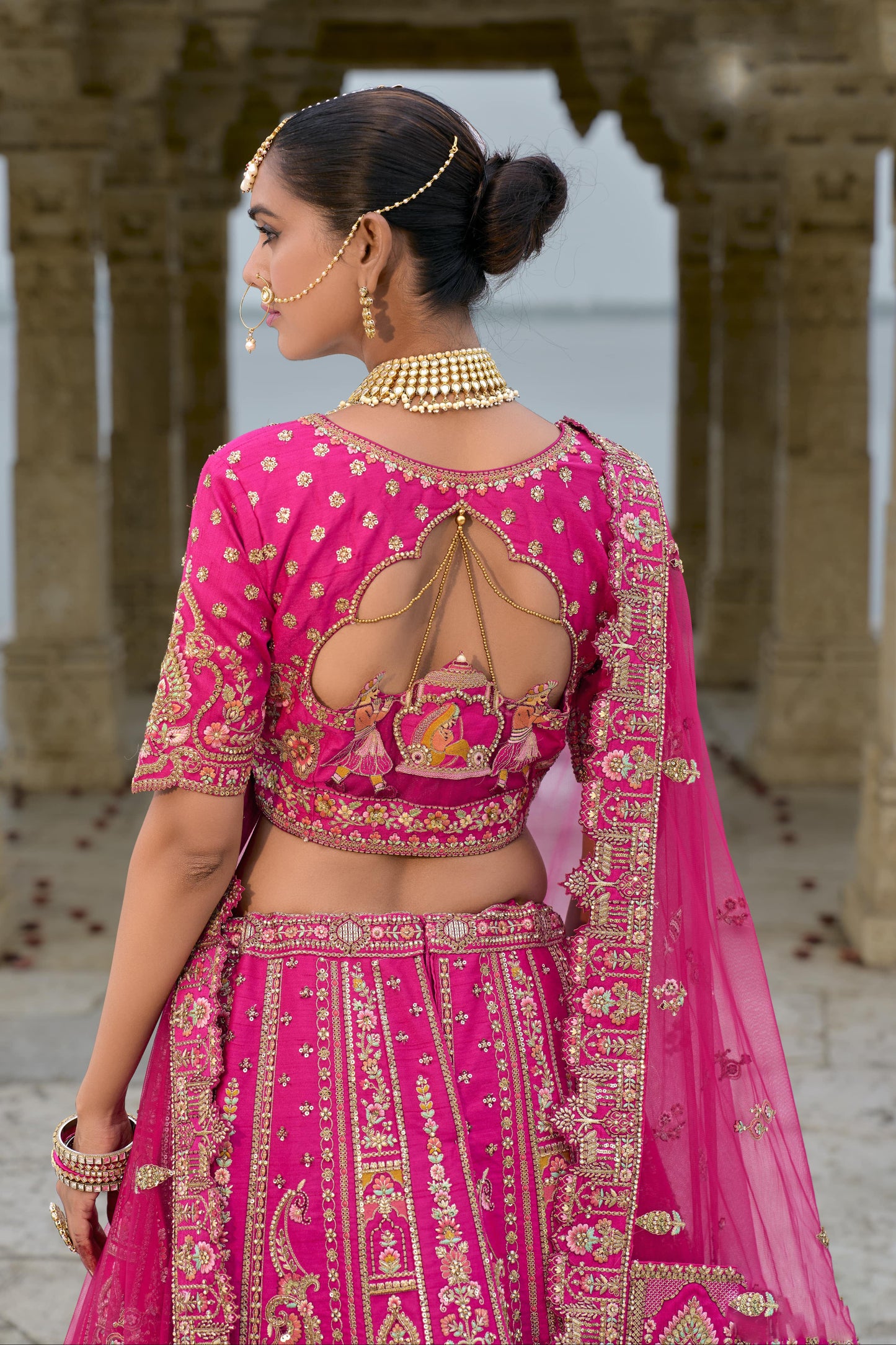 New Bollywood pink ready choli with heavy work dupatta.