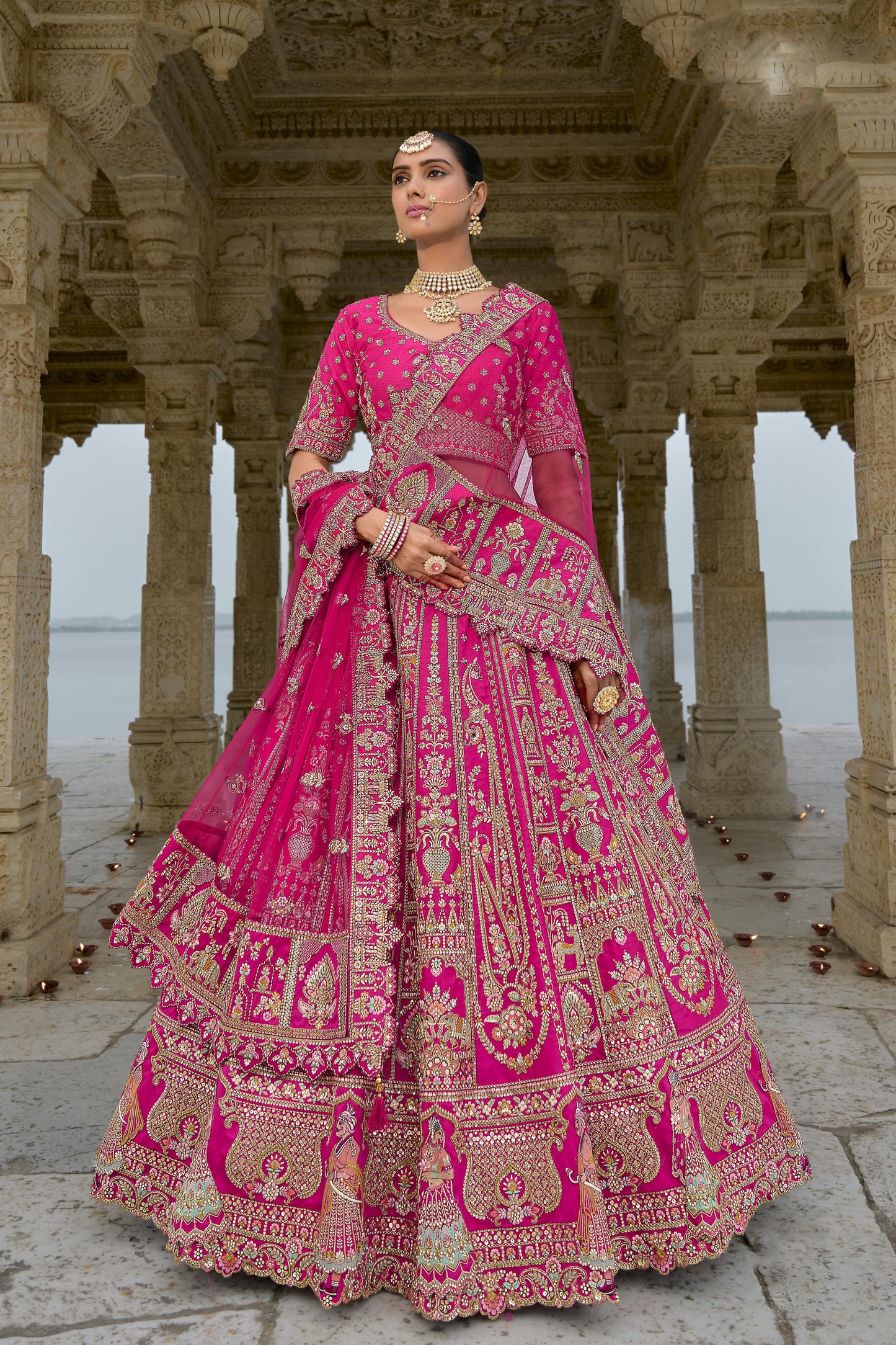 New Bollywood pink ready choli with heavy work dupatta.