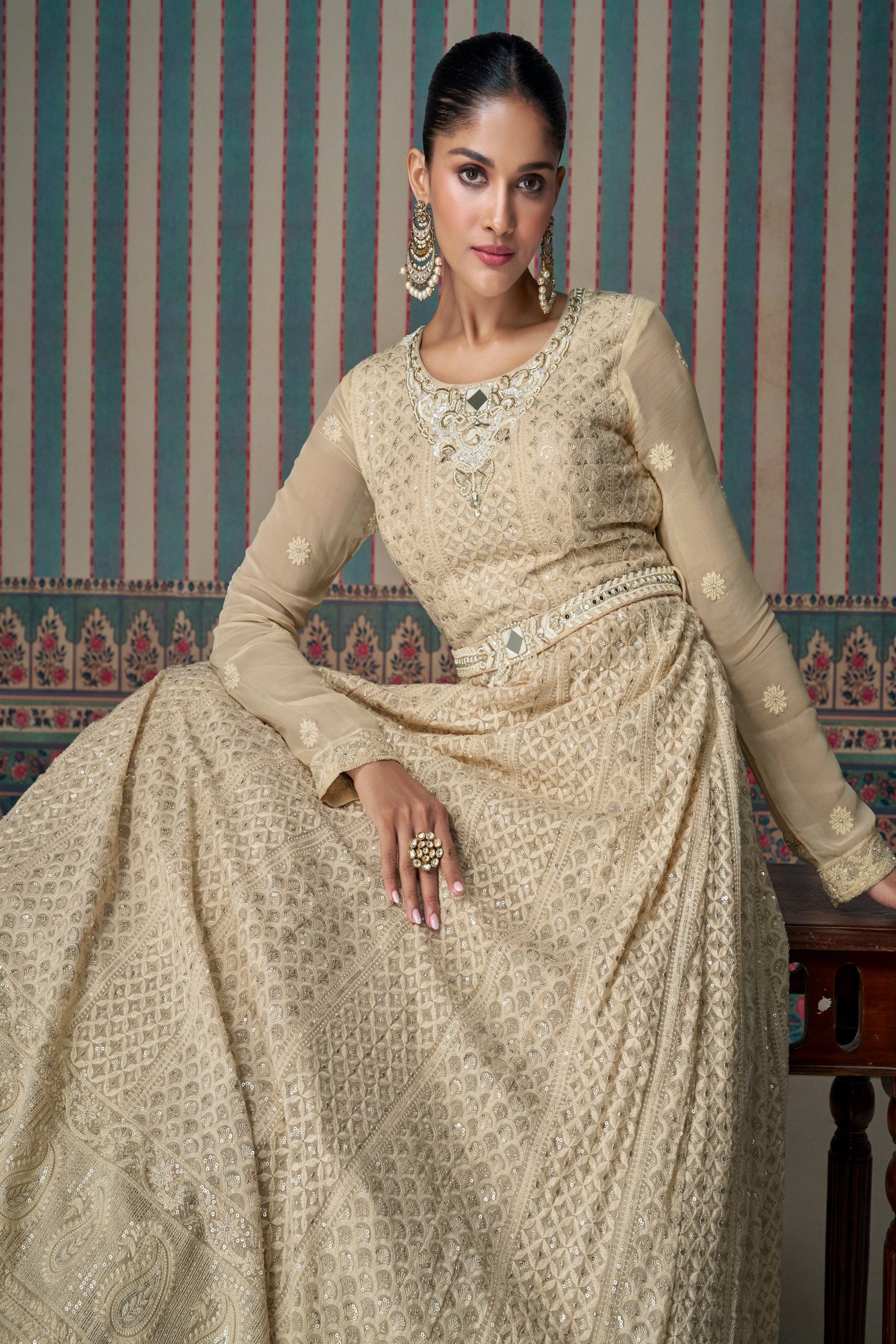 Cream Anarkali Dress With Chikankari Embroidery Work Gown 