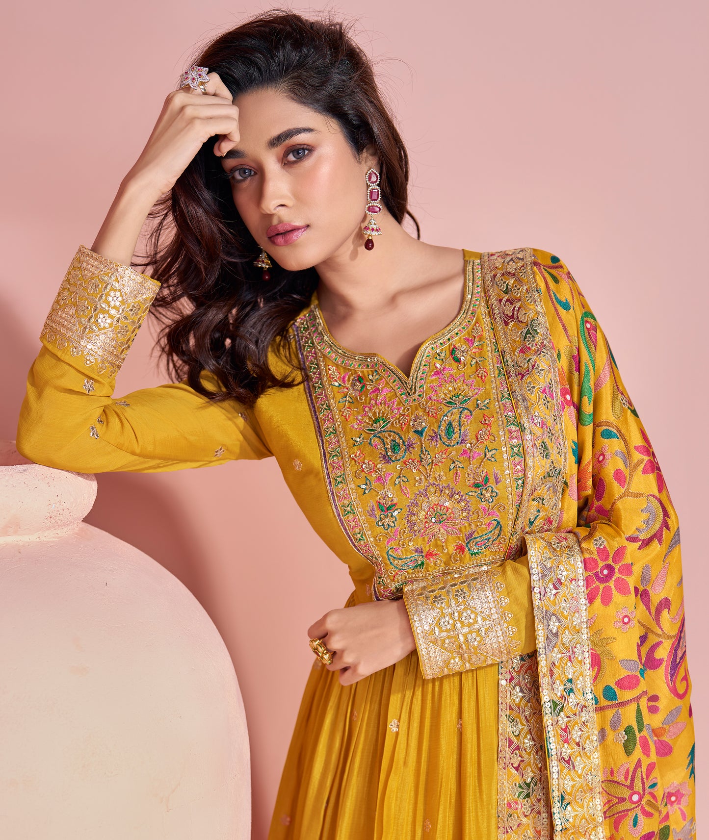 Indian Chinon Women's Wear Anarkali Gown for Haldi with Printed Dupatta
