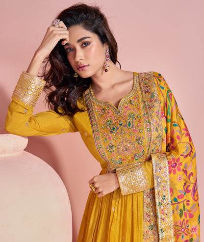 Indian Chinon Women's Wear Anarkali Gown for Haldi with Printed Dupatta