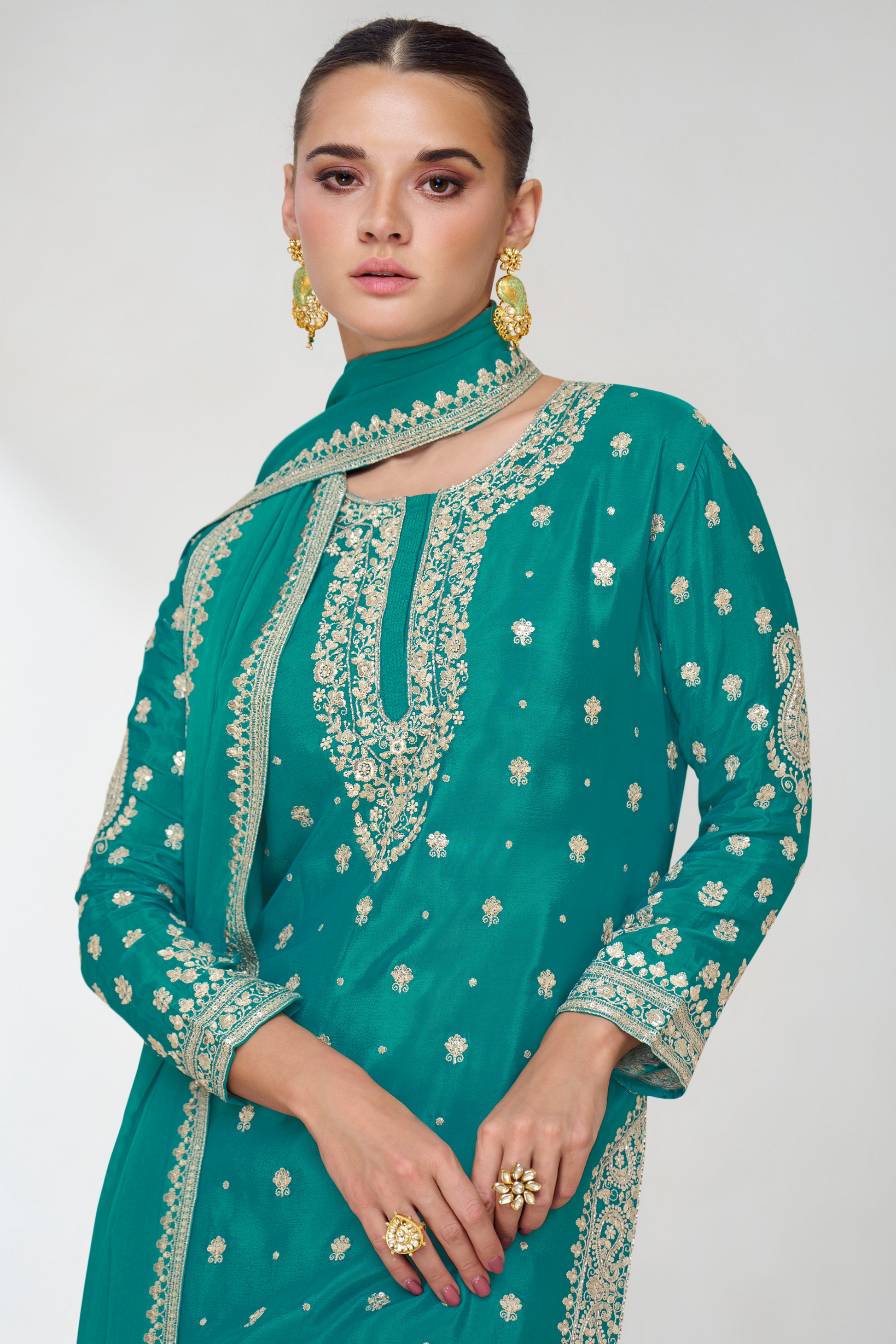 Embroidered Chinon Silk Kameez With Dupatta - Pakistani Designer Sharara Dress For Festivals Eid Diwali USA