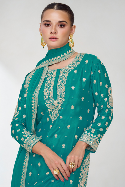 Embroidered Chinon Silk Kameez With Dupatta - Pakistani Designer Sharara Dress For Festivals Eid Diwali USA