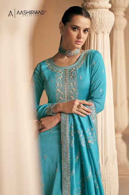 Sky Blue Chinon Silk Plazzo Style Salwar Kameez With Beautiful Embroidery