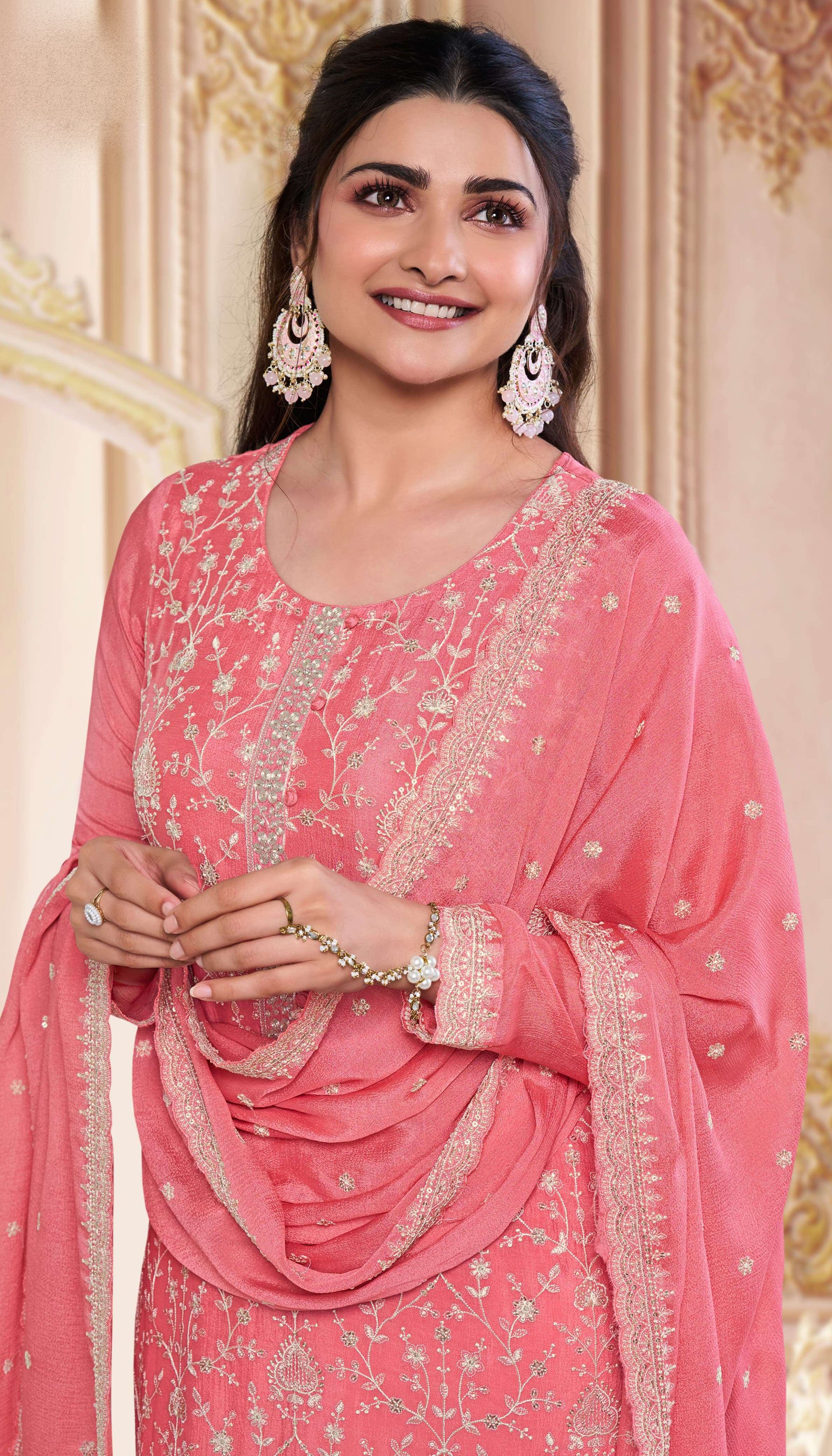 Peach Embroidered Chinon Salwar Kameez For Weddings and Special Occasions 