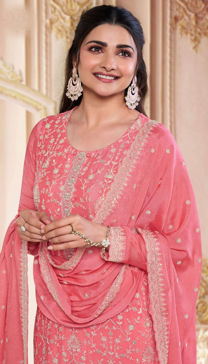 Peach Embroidered Chinon Salwar Kameez For Weddings and Special Occasions 