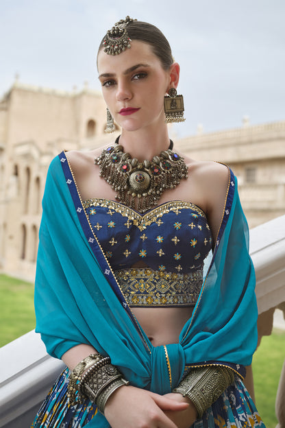 Elegant teal blue lehenga choli and dupatta — designer party set
