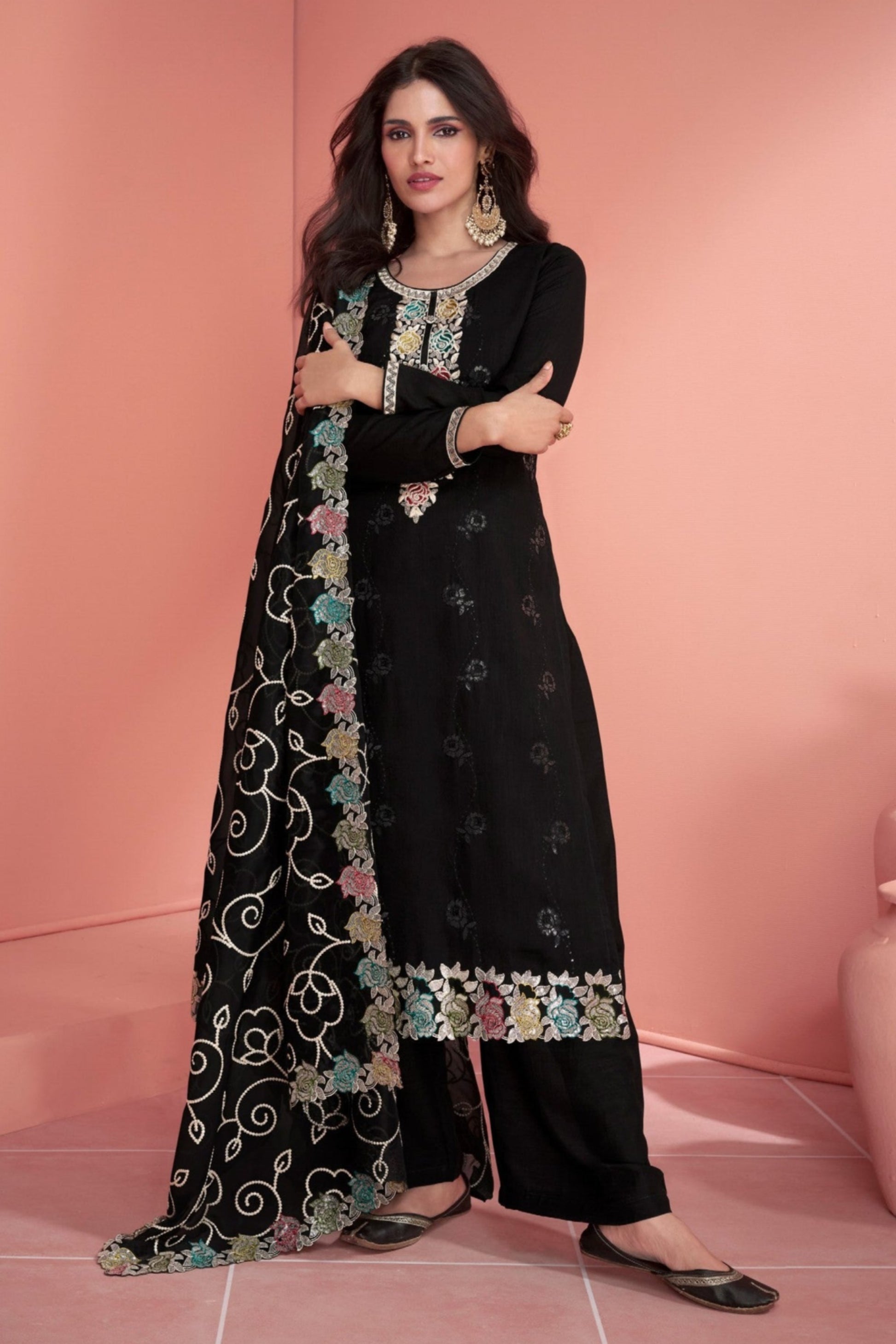 Black Salwar Kameez Premium Silk Fabric With Intricate Embroidery Detail