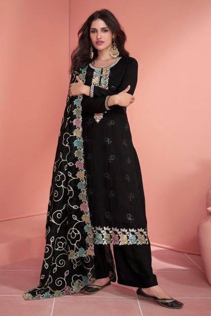 Black Salwar Kameez Premium Silk Fabric With Intricate Embroidery Detail