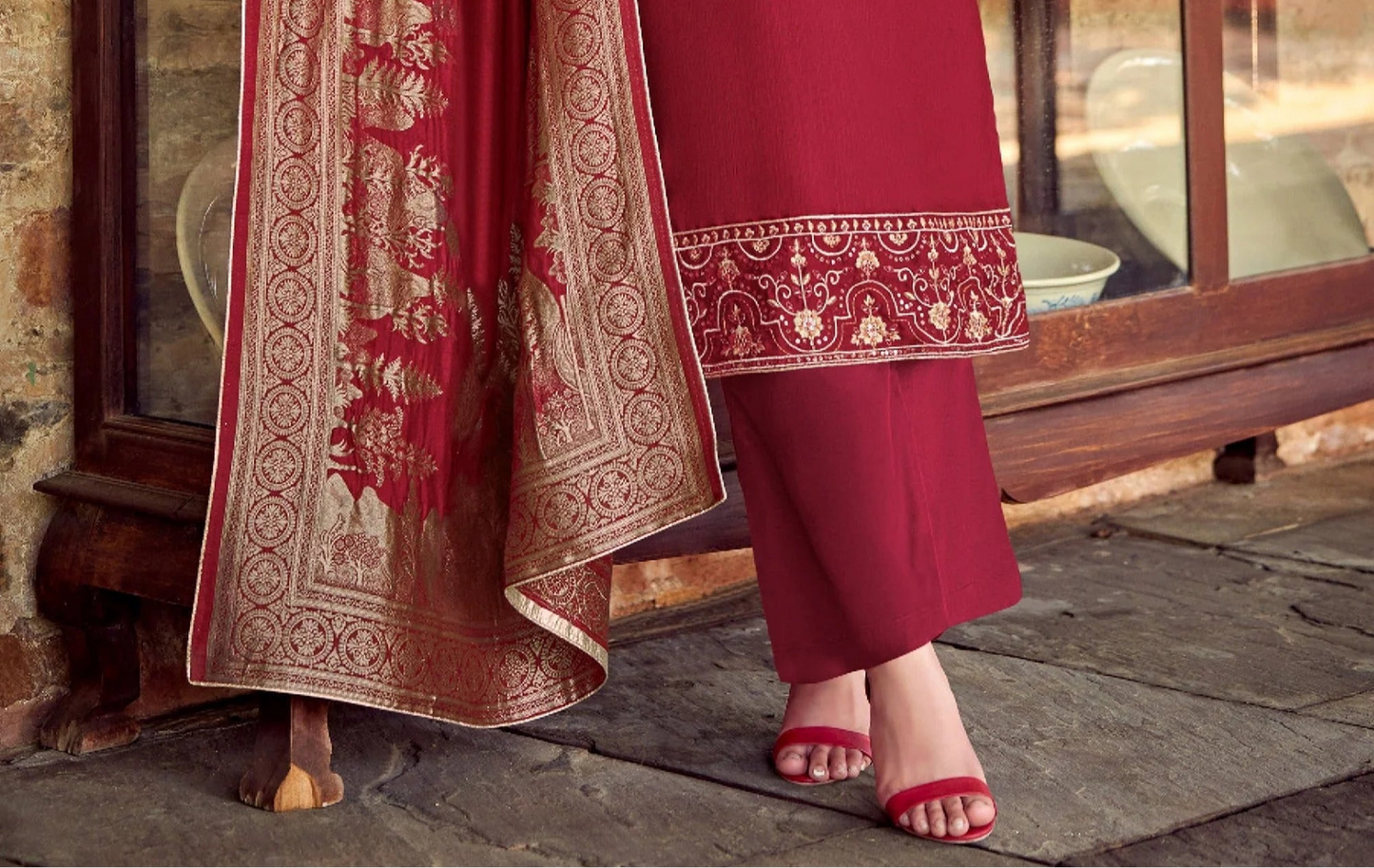 Elegant maroon designer santoon fabric salwar kameez suit with dupatta