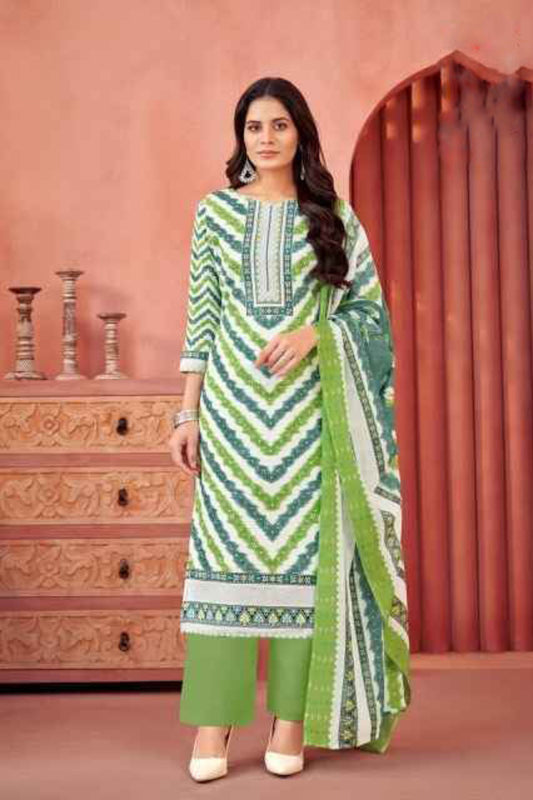 Green and white cotton outfit with a fresh, breezy feel, ideal for everyday comfort and casual festive wear.
