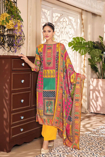 Premium yellow pure maslin designer embroidery work salwar suit
