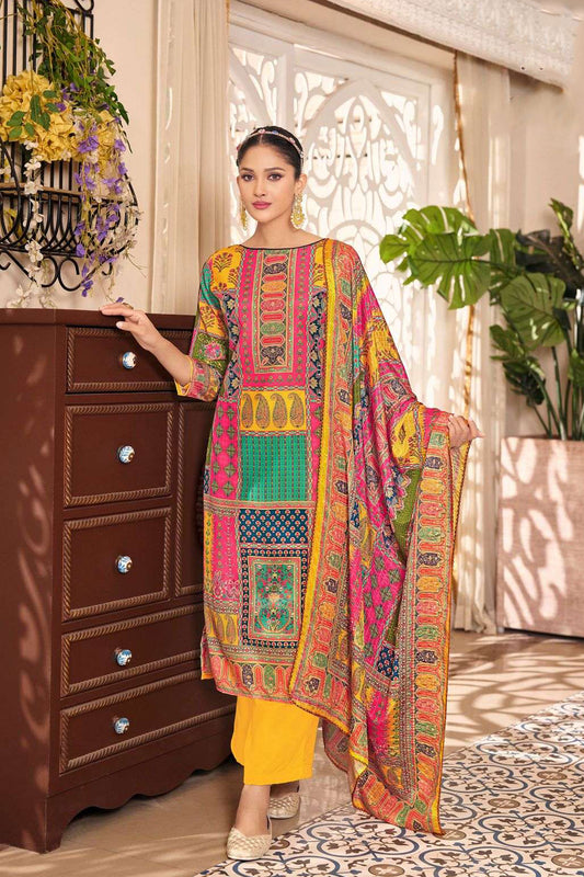 Premium yellow pure maslin designer embroidery work salwar suit