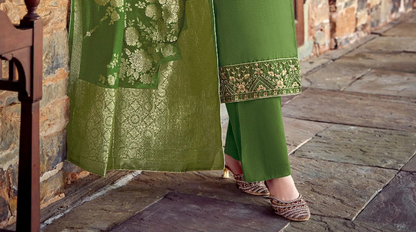 Stitched designer ready-to-wear green jacquard salwar kameez suit