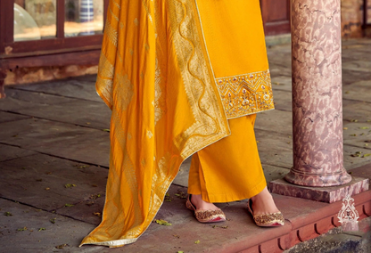 Latest yellow designer embroidery work santoon fabric salwar suit