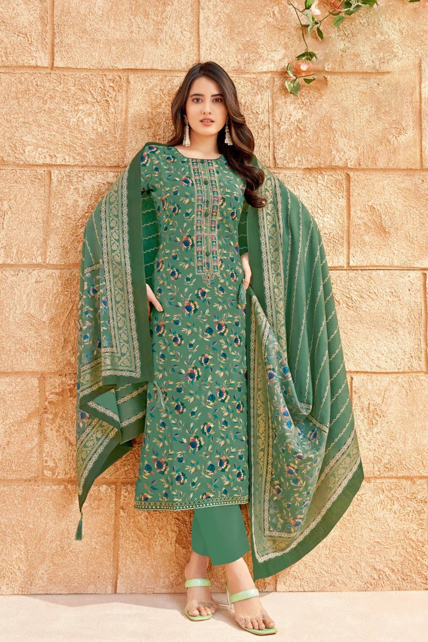 Indian attractive designer green embroidery work digital printed suit