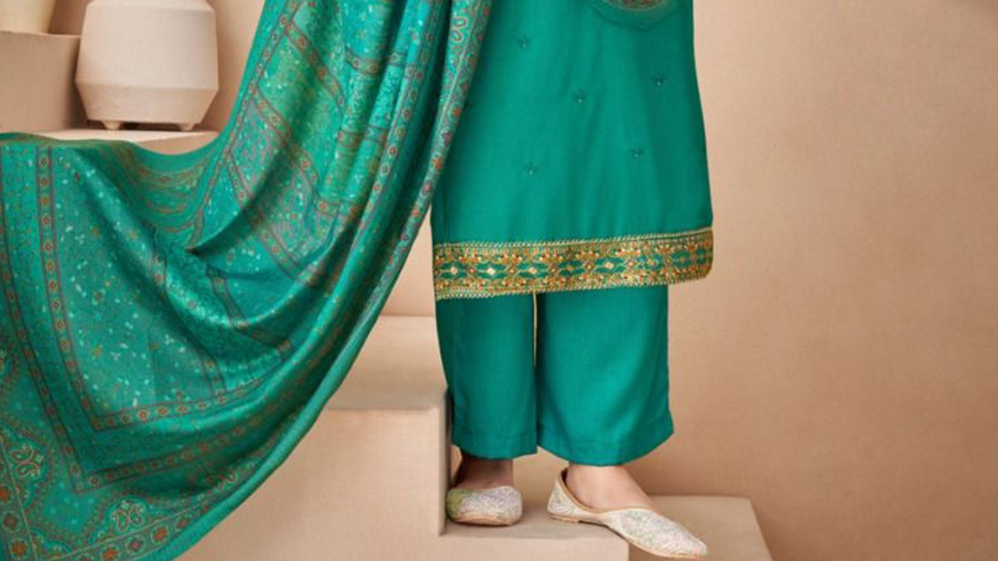 Gorgeous aqua green silk fabric embroidery work salwar kameez suit
