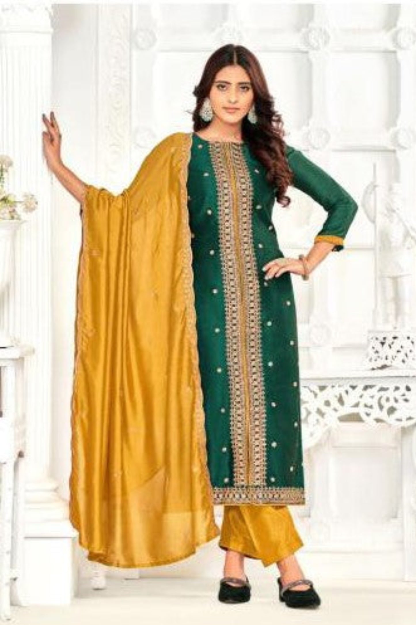 Dark green cotton outfit with a rich and earthy tone, perfect for festive celebrations, cultural events, and elegant daily wear.
