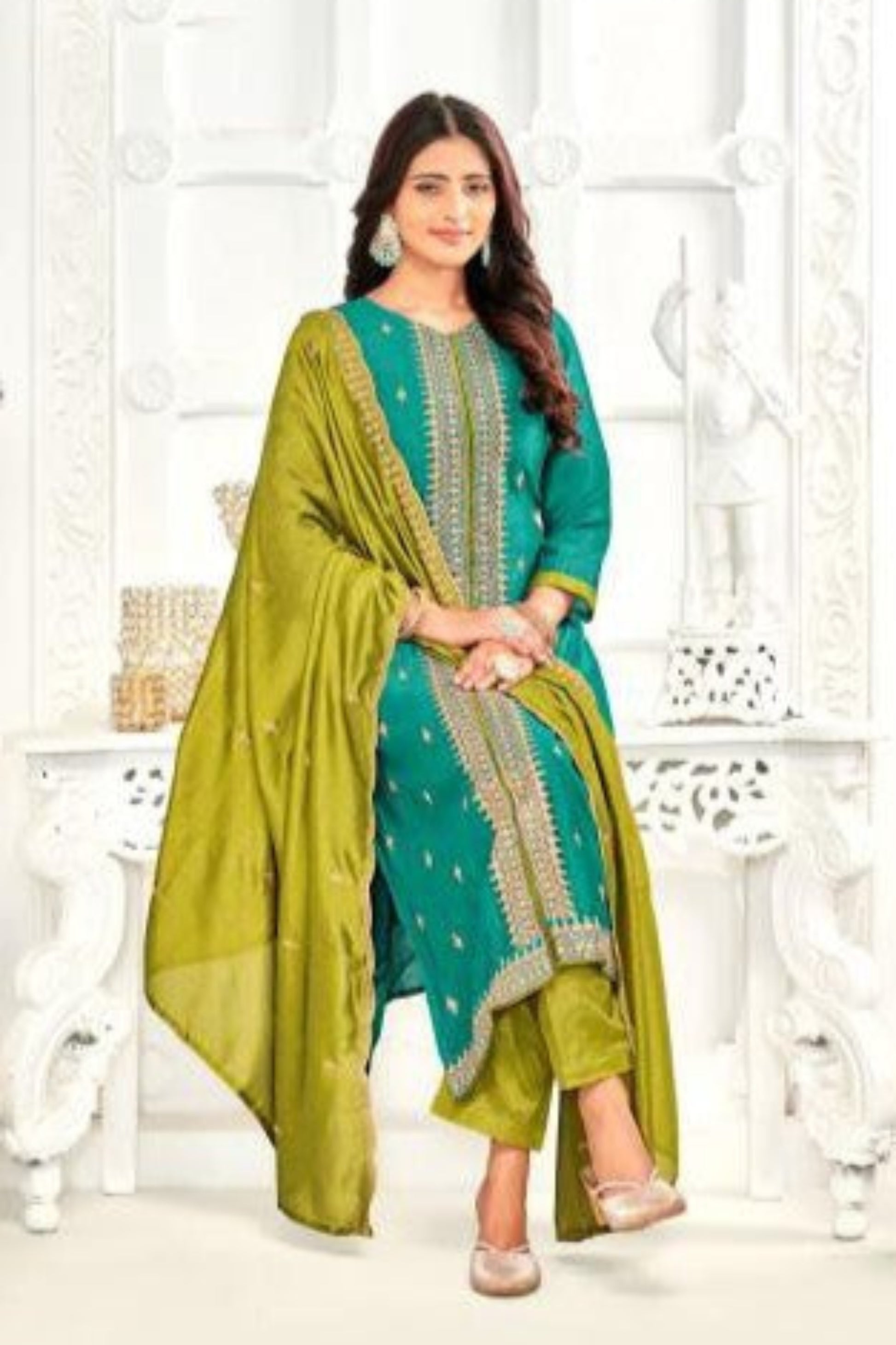 Teal blue cotton outfit with a refreshing and elegant charm, perfect for festive occasions, cultural events, and stylish everyday wear.
