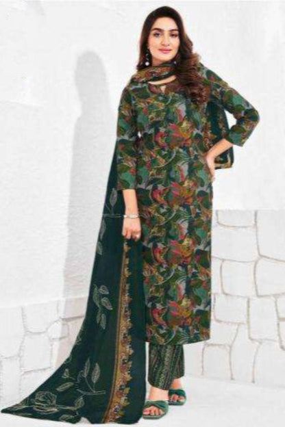 Dark green cotton outfit with a rich and earthy elegance, ideal for traditional events, festive wear, and graceful everyday style.
