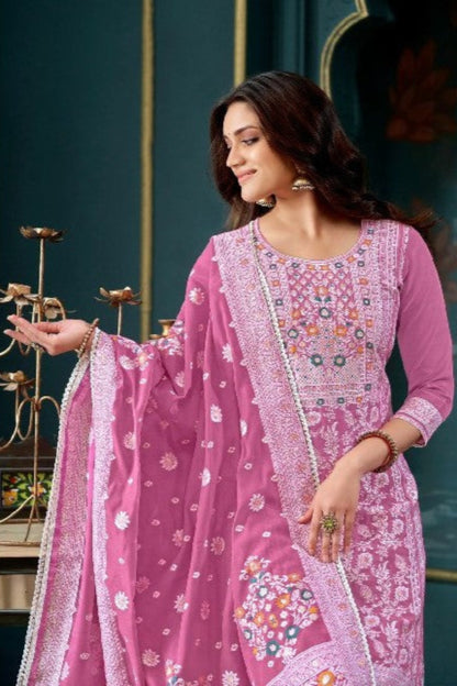 Mulberry pink cotton outfit with a rich and elegant touch, perfect for festive occasions, casual gatherings, and daytime events.
