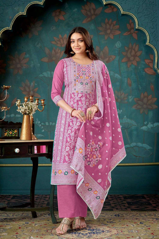 Mulberry pink cotton outfit with a rich and elegant touch, perfect for festive occasions, casual gatherings, and daytime events.
