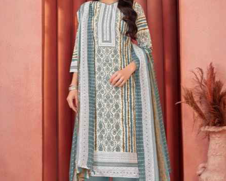 Grey and white cotton outfit with a subtle and elegant tone, ideal for everyday wear and simple festive occasions.
