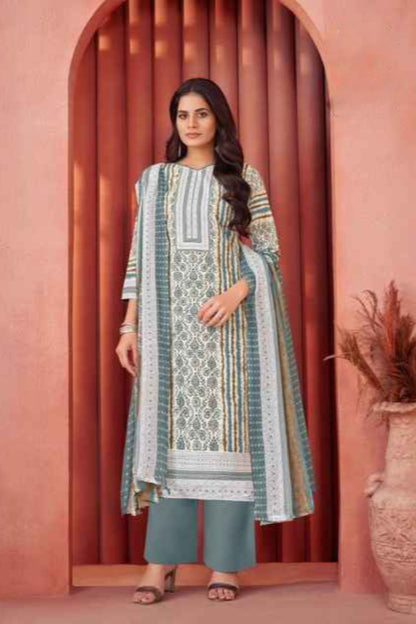 Grey and white cotton outfit with a subtle and elegant tone, ideal for everyday wear and simple festive occasions.
