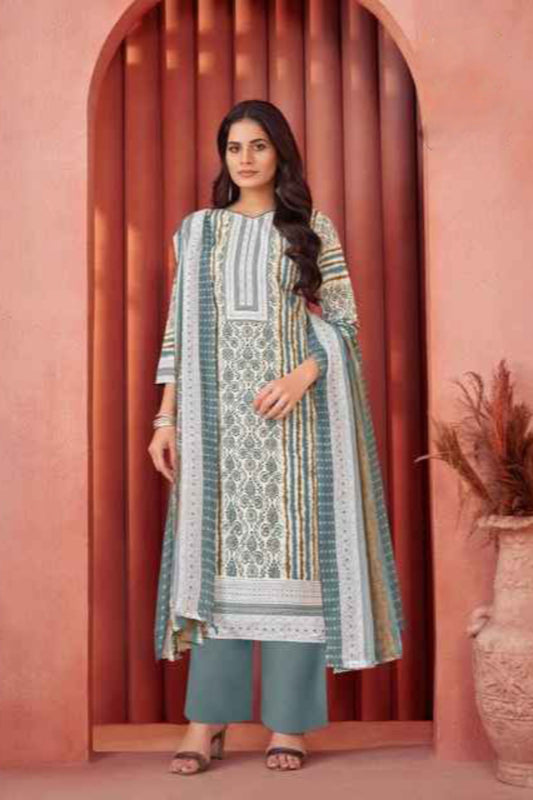 Grey and white cotton outfit with a subtle and elegant tone, ideal for everyday wear and simple festive occasions.
