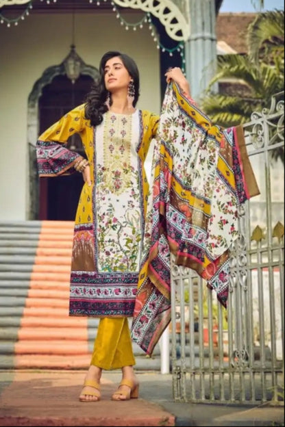 Yellow cotton outfit with a bright and joyful look, perfect for haldi functions, summer days, and cheerful celebrations.
