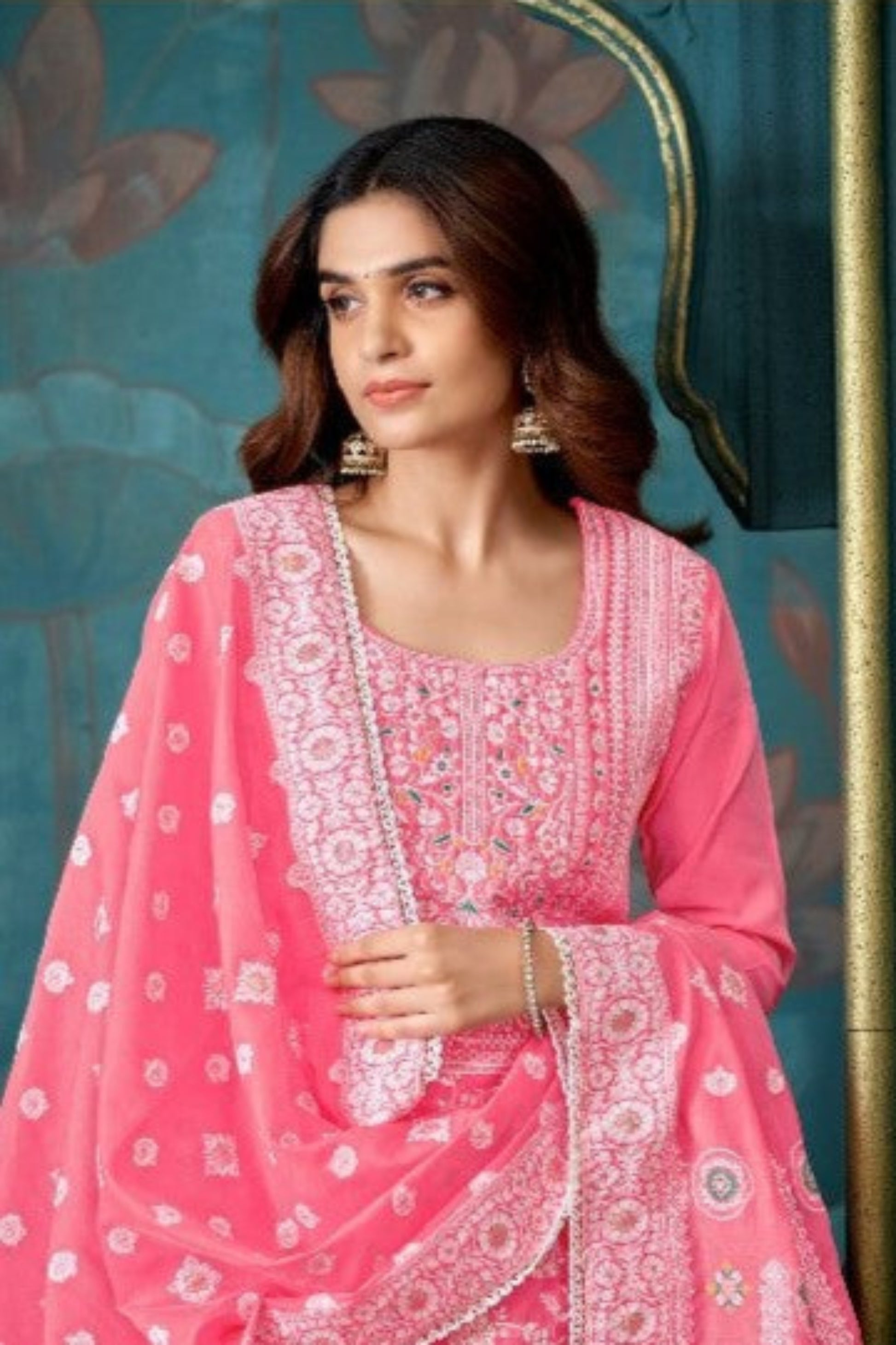 Light pink cotton outfit with a soft and delicate look, perfect for everyday wear, casual outings, and festive mornings.
